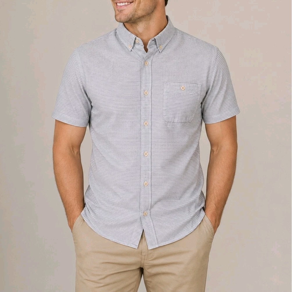 Old Navy Gray White Striped Linen Blend Slim Fit Short Sleeve Button Up Shirt Xl